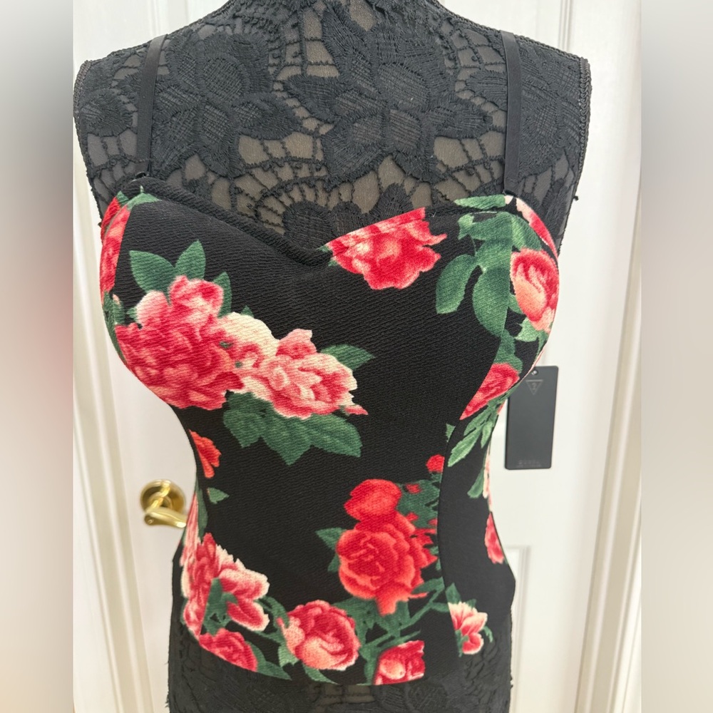 Floral Black Corset top with Red Roses with removable straps.